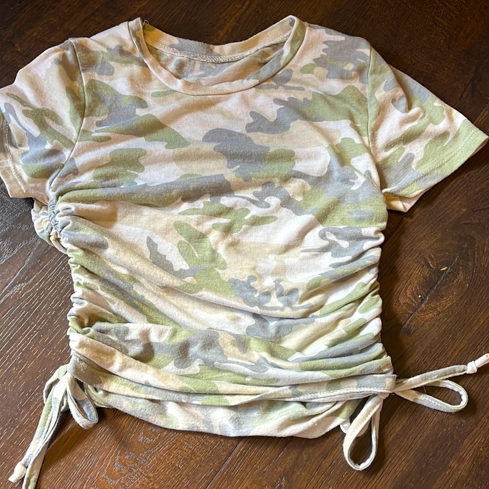 Camo cropped top with tieable scrunched sides